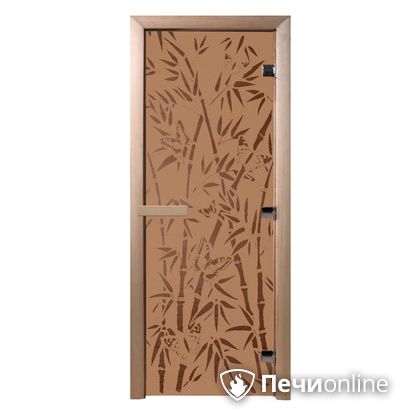 Дверь стеклянная Банный эксперт Бамбук и бабочки бронза матовое 8мм коробка ольха 190/70 в Березниках